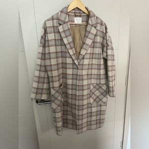 Fall coat in a tan and brown plaid